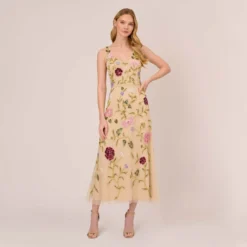 Adrianna Papell Multicolor Floral Beaded Ankle-Length Dress With Sheer Details In Light Champagne