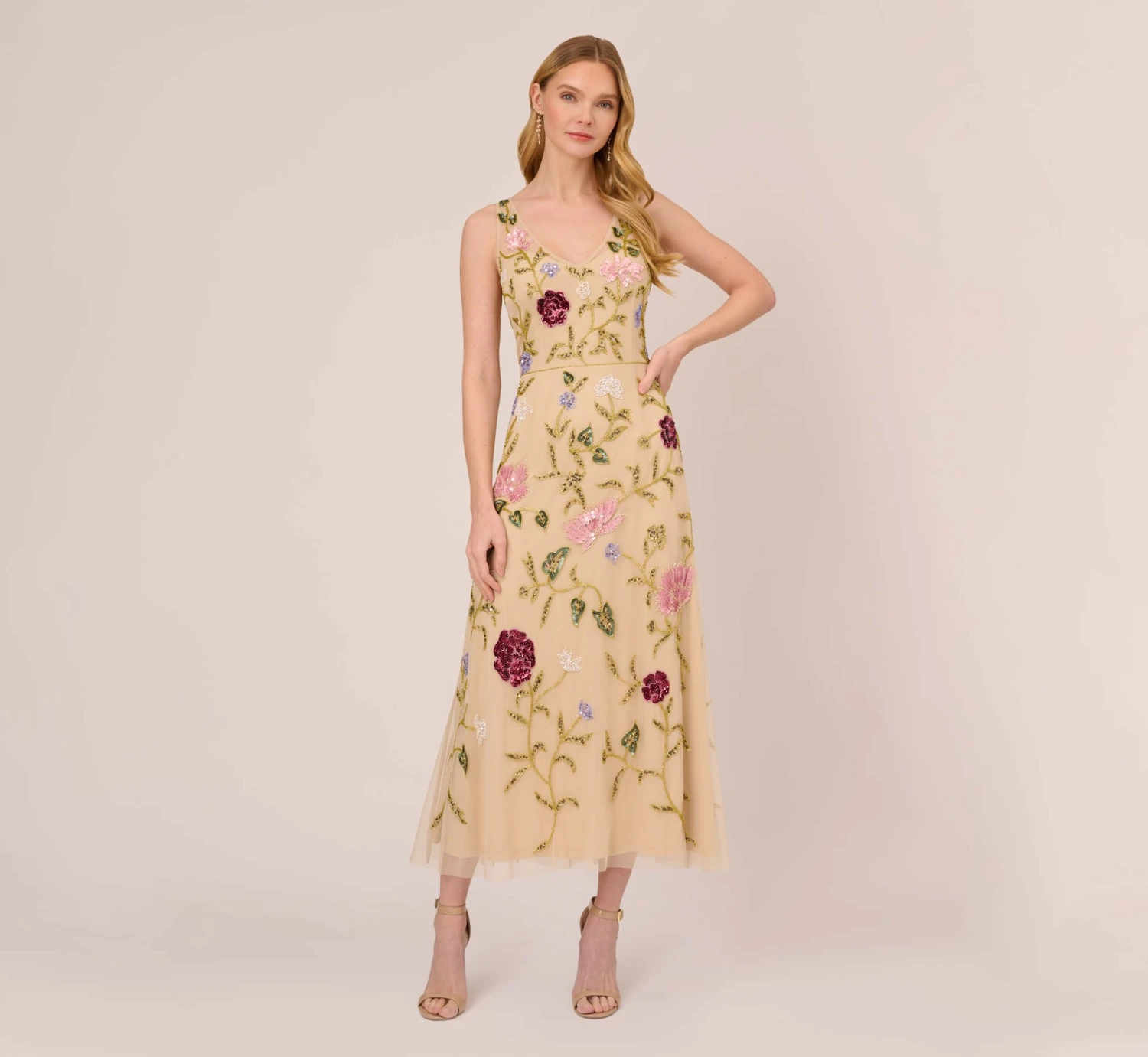 Adrianna Papell Multicolor Floral Beaded Ankle-Length Dress With Sheer Details In Light Champagne 1 Adrianna Papell Multicolor Floral Beaded Ankle-Length Dress With Sheer Details In Light Champagne