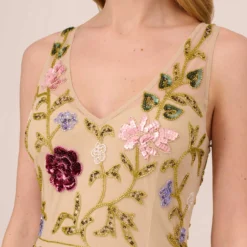 Adrianna Papell Multicolor Floral Beaded Ankle-Length Dress With Sheer Details In Light Champagne 8 Adrianna Papell Multicolor Floral Beaded Ankle-Length Dress With Sheer Details In Light Champagne -Glam Mirth Sales AP1E210579 AE273 Regular Detail