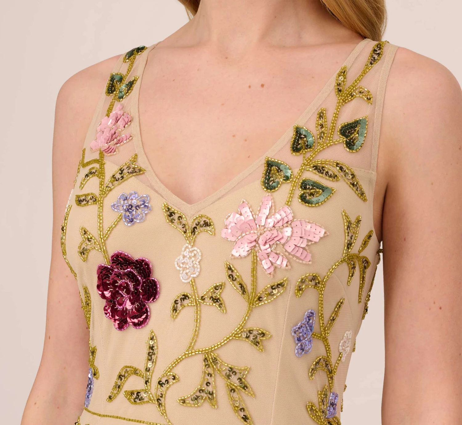 Adrianna Papell Multicolor Floral Beaded Ankle-Length Dress With Sheer Details In Light Champagne 3 Adrianna Papell Multicolor Floral Beaded Ankle-Length Dress With Sheer Details In Light Champagne - Image 3