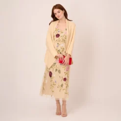 Adrianna Papell Multicolor Floral Beaded Ankle-Length Dress With Sheer Details In Light Champagne 10 Adrianna Papell Multicolor Floral Beaded Ankle-Length Dress With Sheer Details In Light Champagne -Glam Mirth Sales AP1E210579 AE273 Regular Lifestyle2