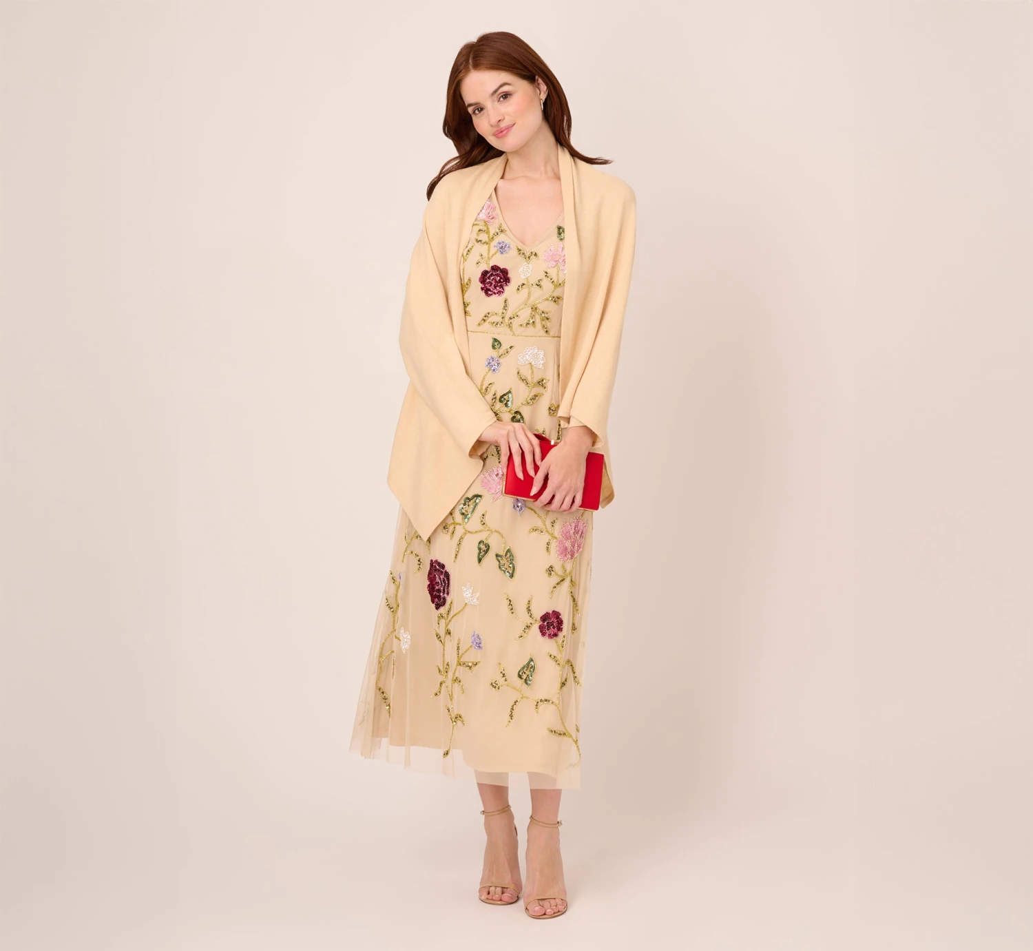 Adrianna Papell Multicolor Floral Beaded Ankle-Length Dress With Sheer Details In Light Champagne 5 Adrianna Papell Multicolor Floral Beaded Ankle-Length Dress With Sheer Details In Light Champagne - Image 5