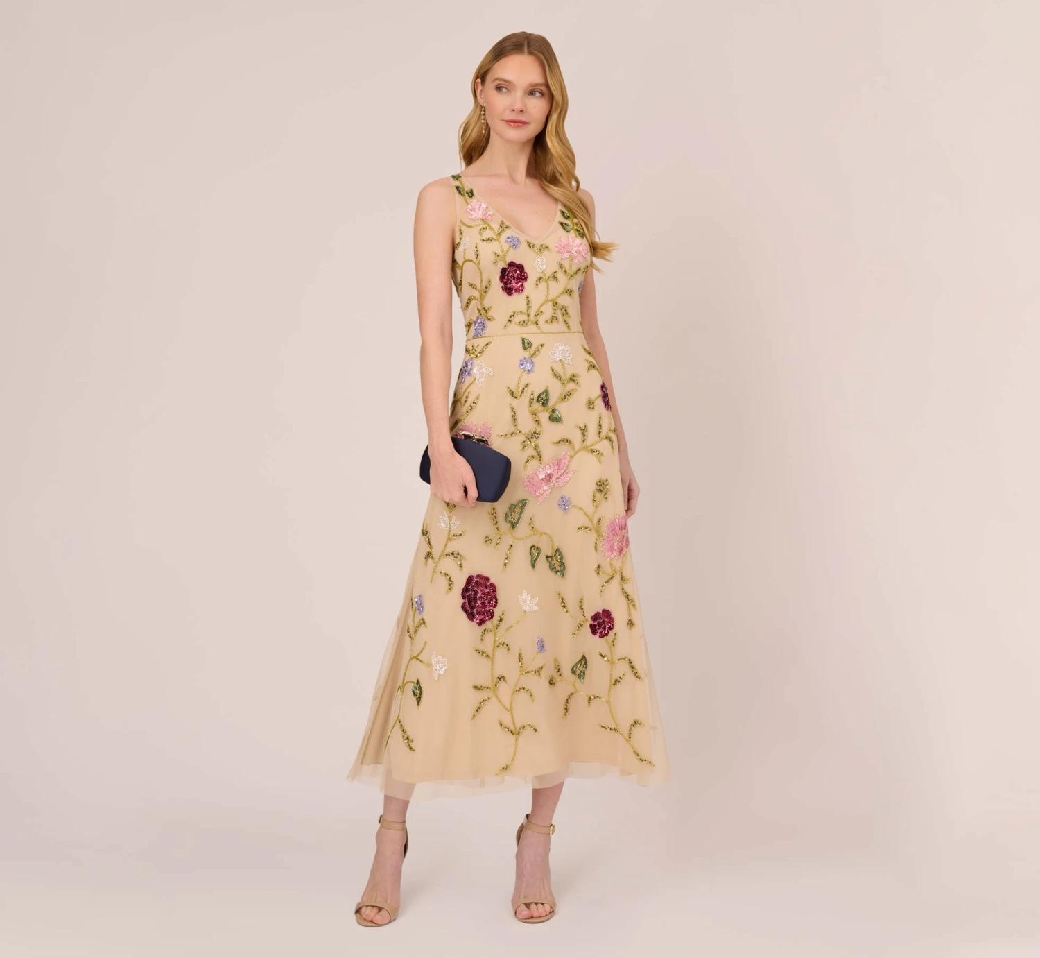 Adrianna Papell Multicolor Floral Beaded Ankle-Length Dress With Sheer Details In Light Champagne 2 Adrianna Papell Multicolor Floral Beaded Ankle-Length Dress With Sheer Details In Light Champagne - Image 2