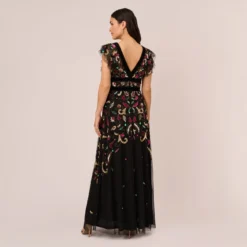 Adrianna Papell Multicolor Floral Beaded Gown With Velvet Trim In Black Multi -Glam Mirth Sales AP1E210607 AB960 Regular Back