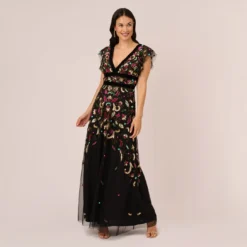 Adrianna Papell Multicolor Floral Beaded Gown With Velvet Trim In Black Multi