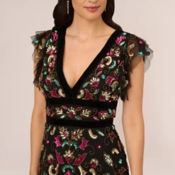 Adrianna Papell Multicolor Floral Beaded Gown With Velvet Trim In Black Multi -Glam Mirth Sales AP1E210607 AB960 Regular Detail
