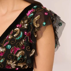 Adrianna Papell Multicolor Floral Beaded Gown With Velvet Trim In Black Multi -Glam Mirth Sales AP1E210607 AB960 Regular Lifestyle