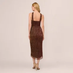 Adrianna Papell Metallic Knit Halter Midi Dress With Wrap Skirt In Copper 9 Adrianna Papell Metallic Knit Halter Midi Dress With Wrap Skirt In Copper -Glam Mirth Sales AP1E210615 AA908 Regular Back