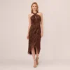 Adrianna Papell Metallic Knit Halter Midi Dress With Wrap Skirt In Copper