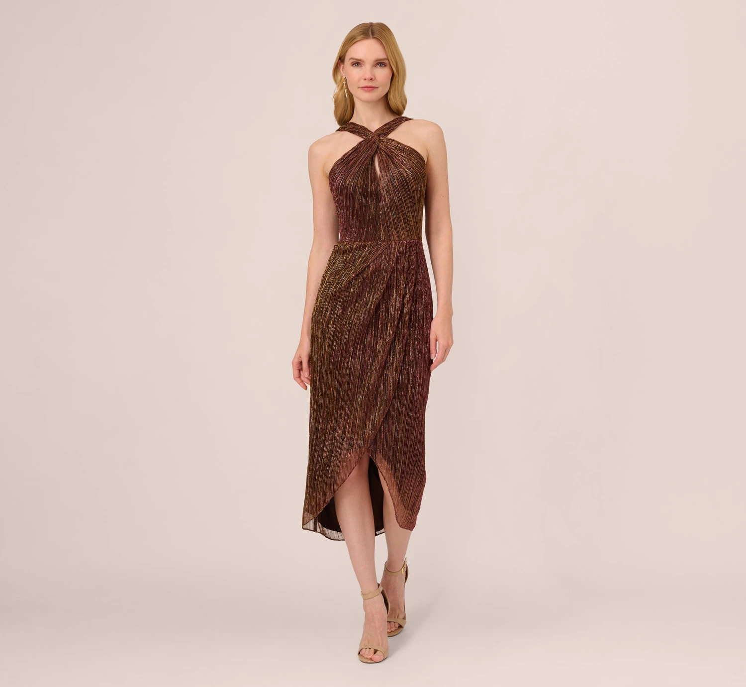 Adrianna Papell Metallic Knit Halter Midi Dress With Wrap Skirt In Copper 1 Adrianna Papell Metallic Knit Halter Midi Dress With Wrap Skirt In Copper