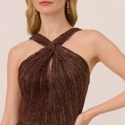 Adrianna Papell Metallic Knit Halter Midi Dress With Wrap Skirt In Copper 8 Adrianna Papell Metallic Knit Halter Midi Dress With Wrap Skirt In Copper -Glam Mirth Sales AP1E210615 AA908 Regular Detail