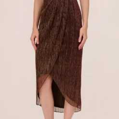 Adrianna Papell Metallic Knit Halter Midi Dress With Wrap Skirt In Copper 10 Adrianna Papell Metallic Knit Halter Midi Dress With Wrap Skirt In Copper -Glam Mirth Sales AP1E210615 AA908 Regular Lifestyle