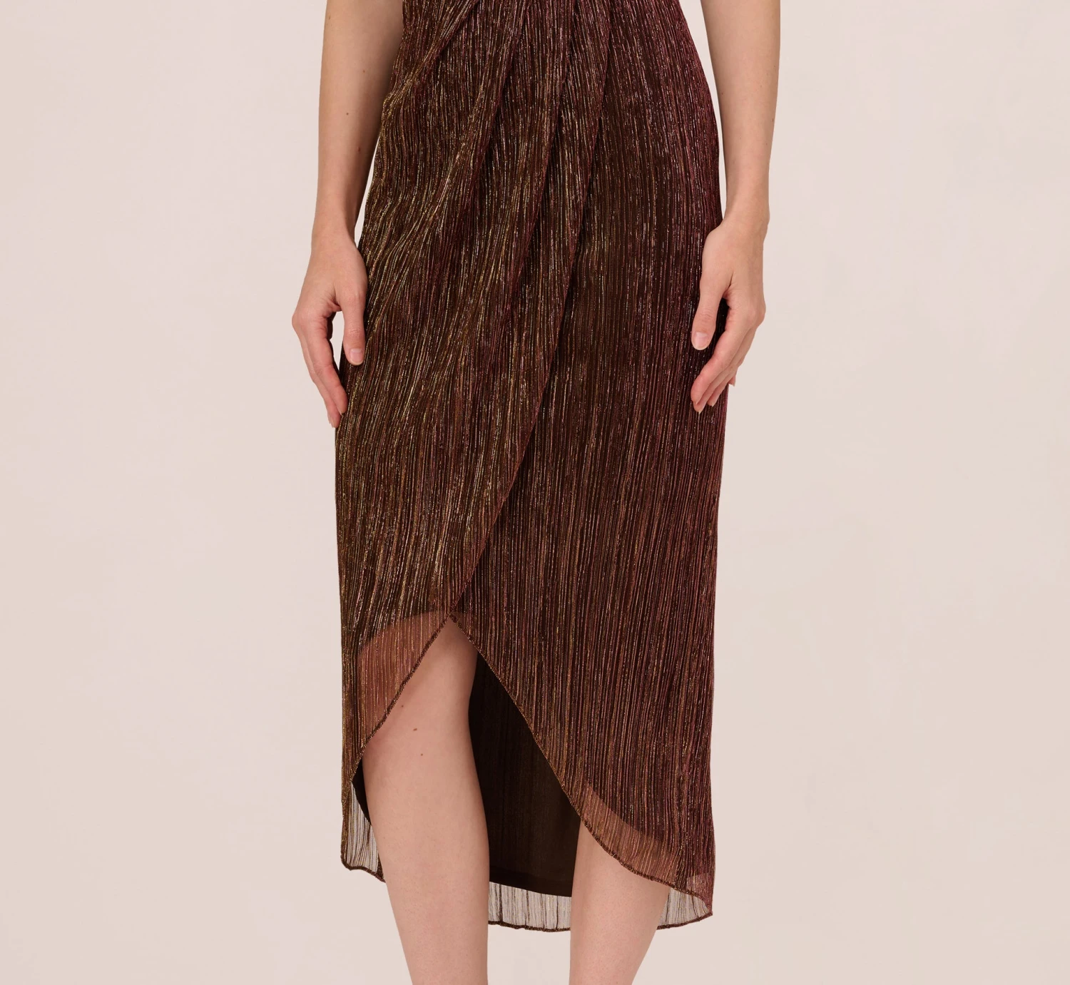 Adrianna Papell Metallic Knit Halter Midi Dress With Wrap Skirt In Copper 5 Adrianna Papell Metallic Knit Halter Midi Dress With Wrap Skirt In Copper - Image 5