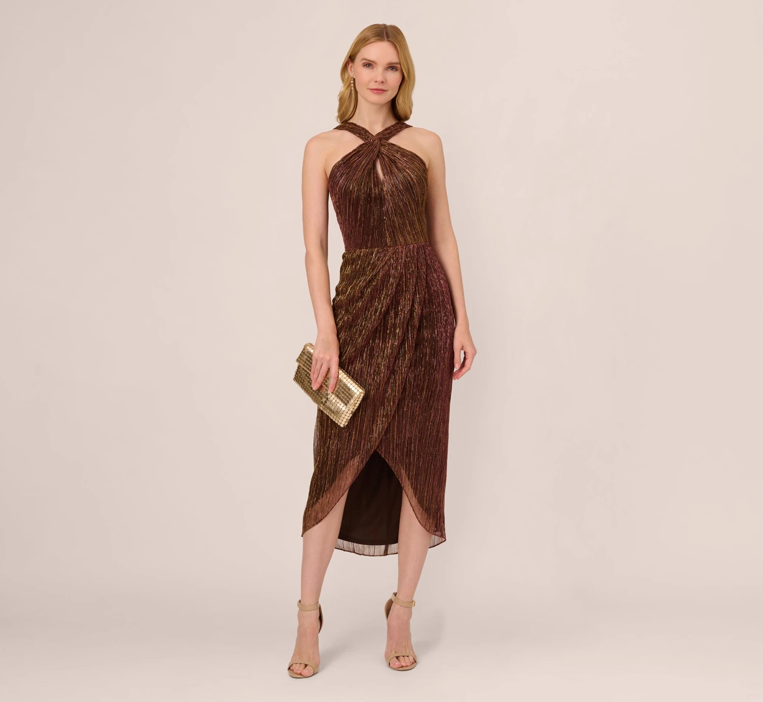 Adrianna Papell Metallic Knit Halter Midi Dress With Wrap Skirt In Copper 2 Adrianna Papell Metallic Knit Halter Midi Dress With Wrap Skirt In Copper - Image 2