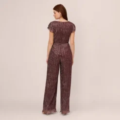 Adrianna Papell Metallic Crinkle Wide Leg Jumpsuit With Short Sleeves In Plum -Glam Mirth Sales AP1E210616 AD541 Regular Back