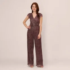 Adrianna Papell Metallic Crinkle Wide Leg Jumpsuit With Short Sleeves In Plum