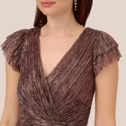 Adrianna Papell Metallic Crinkle Wide Leg Jumpsuit With Short Sleeves In Plum -Glam Mirth Sales AP1E210616 AD541 Regular Detail