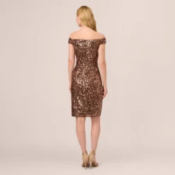 Adrianna Papell Off The Shoulder Sequin Lace Dress In Copper 10 Adrianna Papell Off The Shoulder Sequin Lace Dress In Copper -Glam Mirth Sales AP1E210619 AA908 Regular Back