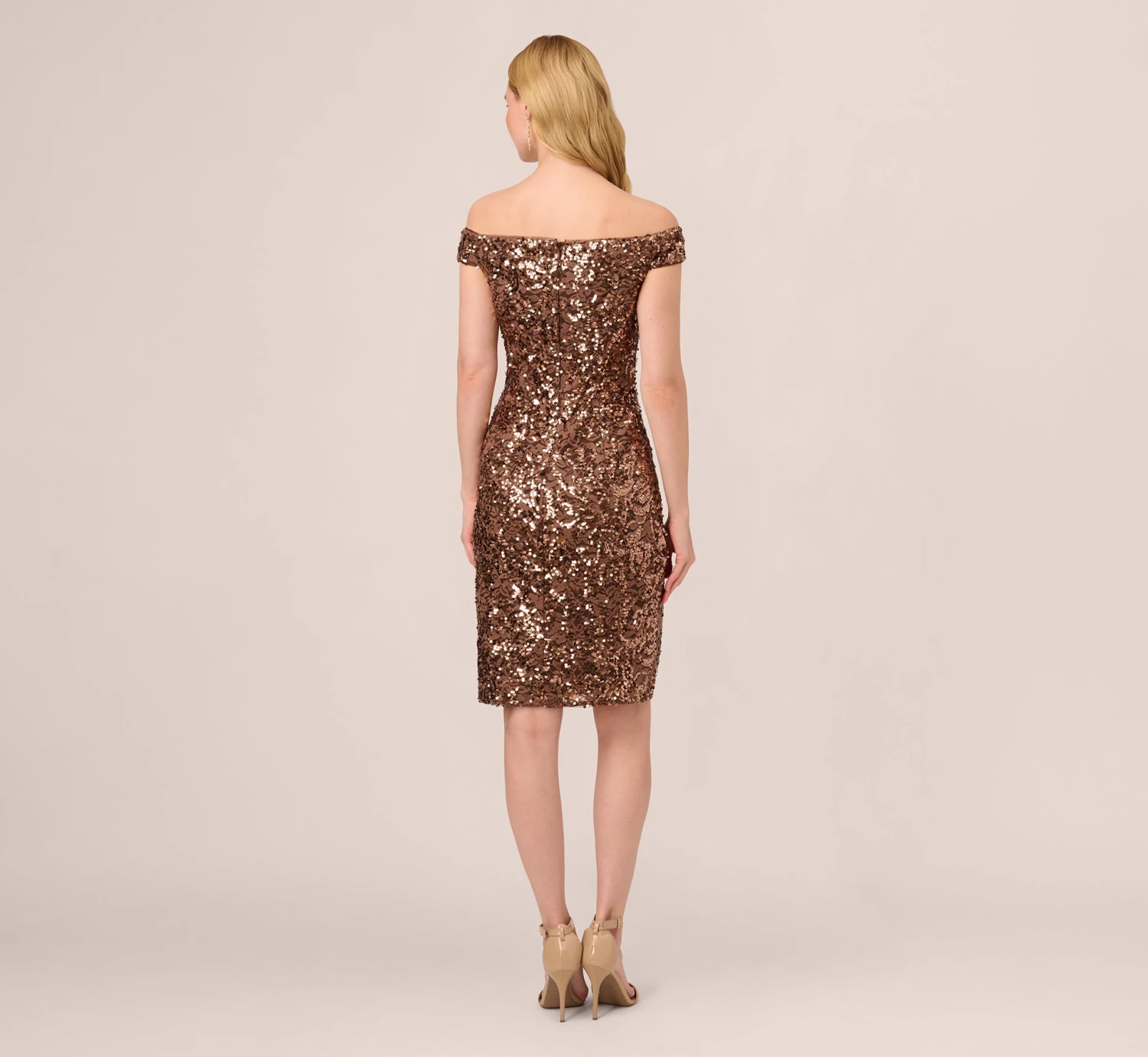 Adrianna Papell Off The Shoulder Sequin Lace Dress In Copper 4 Adrianna Papell Off The Shoulder Sequin Lace Dress In Copper - Image 4