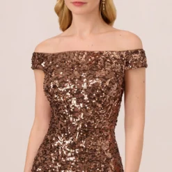 Adrianna Papell Off The Shoulder Sequin Lace Dress In Copper 9 Adrianna Papell Off The Shoulder Sequin Lace Dress In Copper -Glam Mirth Sales AP1E210619 AA908 Regular Detail
