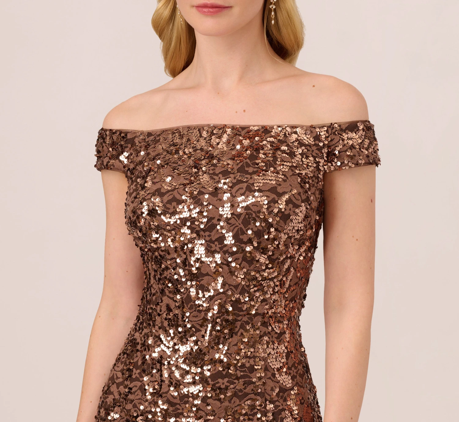Adrianna Papell Off The Shoulder Sequin Lace Dress In Copper 3 Adrianna Papell Off The Shoulder Sequin Lace Dress In Copper - Image 3