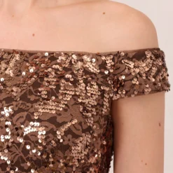 Adrianna Papell Off The Shoulder Sequin Lace Dress In Copper 11 Adrianna Papell Off The Shoulder Sequin Lace Dress In Copper -Glam Mirth Sales AP1E210619 AA908 Regular Lifestyle