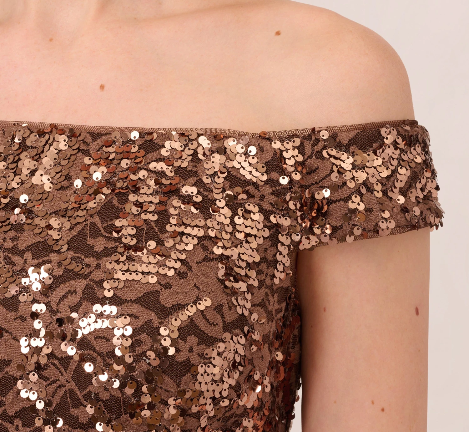 Adrianna Papell Off The Shoulder Sequin Lace Dress In Copper 5 Adrianna Papell Off The Shoulder Sequin Lace Dress In Copper - Image 5