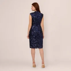 Adrianna Papell Sequin Lace Sleeveless Midi Dress With Mock Neck In Navy 10 Adrianna Papell Sequin Lace Sleeveless Midi Dress With Mock Neck In Navy -Glam Mirth Sales AP1E210621 AA412 Regular Back