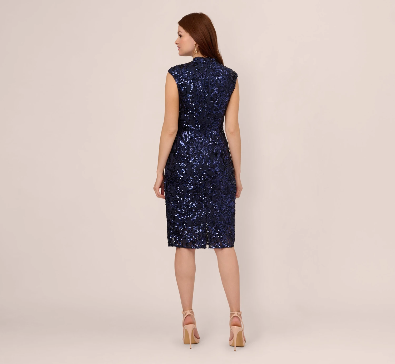 Adrianna Papell Sequin Lace Sleeveless Midi Dress With Mock Neck In Navy 4 Adrianna Papell Sequin Lace Sleeveless Midi Dress With Mock Neck In Navy - Image 4