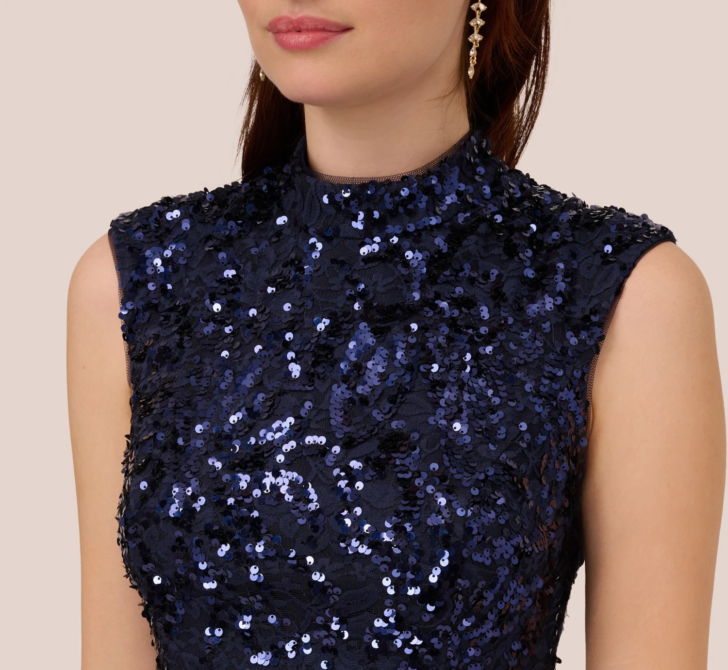 Adrianna Papell Sequin Lace Sleeveless Midi Dress With Mock Neck In Navy 3 Adrianna Papell Sequin Lace Sleeveless Midi Dress With Mock Neck In Navy - Image 3