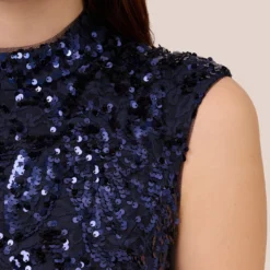 Adrianna Papell Sequin Lace Sleeveless Midi Dress With Mock Neck In Navy 13 Adrianna Papell Sequin Lace Sleeveless Midi Dress With Mock Neck In Navy -Glam Mirth Sales AP1E210621 AA412 Regular Lifestyle