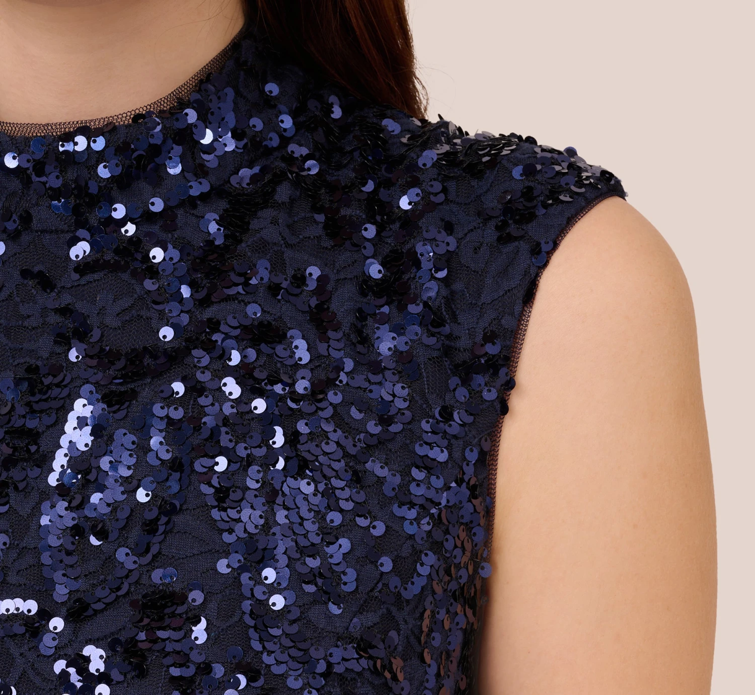 Adrianna Papell Sequin Lace Sleeveless Midi Dress With Mock Neck In Navy 7 Adrianna Papell Sequin Lace Sleeveless Midi Dress With Mock Neck In Navy - Image 7