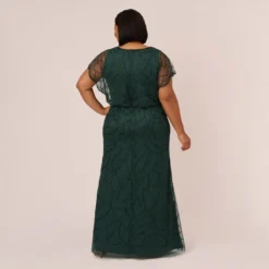 Adrianna Papell Plus Size Beaded Blouson Mermaid Gown With Sheer Dolman Sleeves In Dusty Emerald 9 Adrianna Papell Plus Size Beaded Blouson Mermaid Gown With Sheer Dolman Sleeves In Dusty Emerald -Glam Mirth Sales AP1E210622 AA302 Plus Back