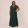 Adrianna Papell Plus Size Beaded Blouson Mermaid Gown With Sheer Dolman Sleeves In Dusty Emerald