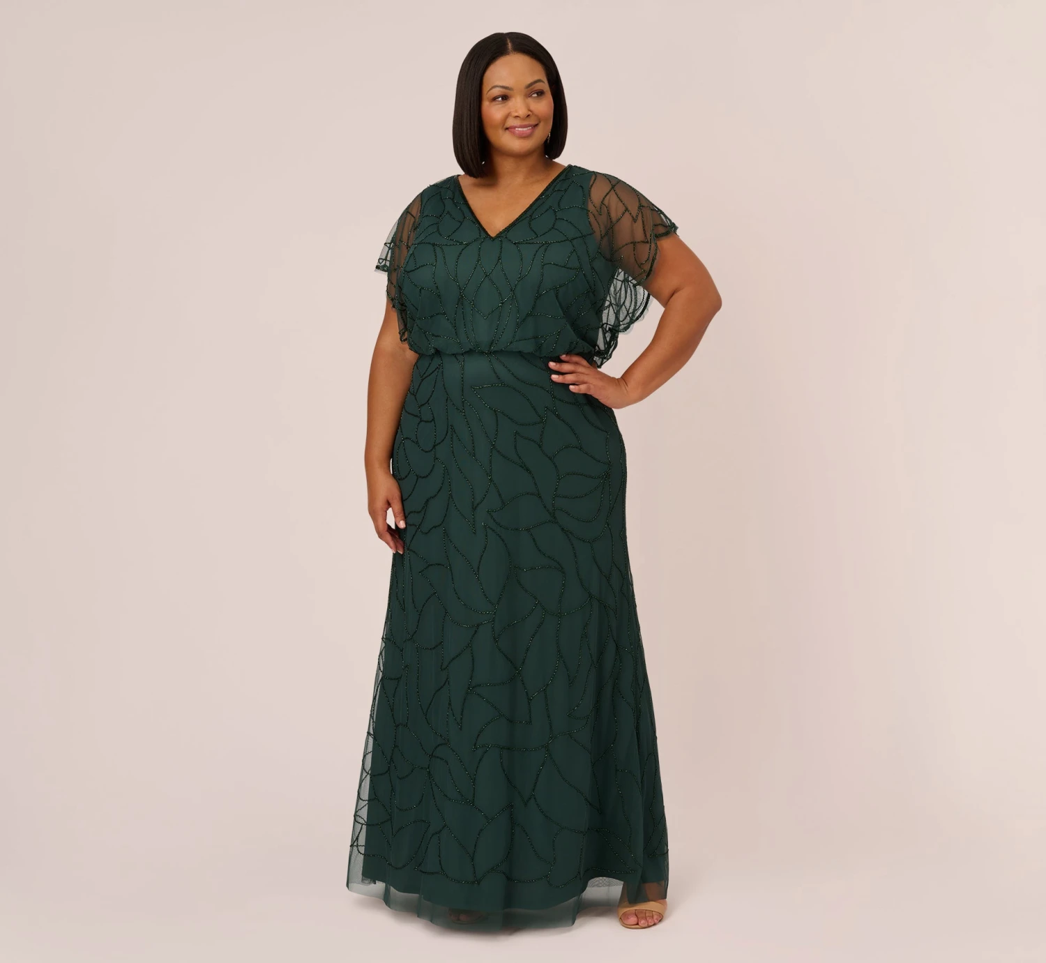 Adrianna Papell Plus Size Beaded Blouson Mermaid Gown With Sheer Dolman Sleeves In Dusty Emerald 1 Adrianna Papell Plus Size Beaded Blouson Mermaid Gown With Sheer Dolman Sleeves In Dusty Emerald