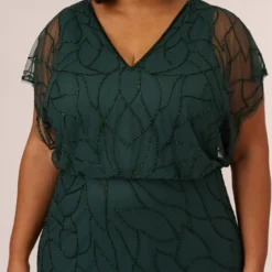 Adrianna Papell Plus Size Beaded Blouson Mermaid Gown With Sheer Dolman Sleeves In Dusty Emerald 8 Adrianna Papell Plus Size Beaded Blouson Mermaid Gown With Sheer Dolman Sleeves In Dusty Emerald -Glam Mirth Sales AP1E210622 AA302 Plus Detail