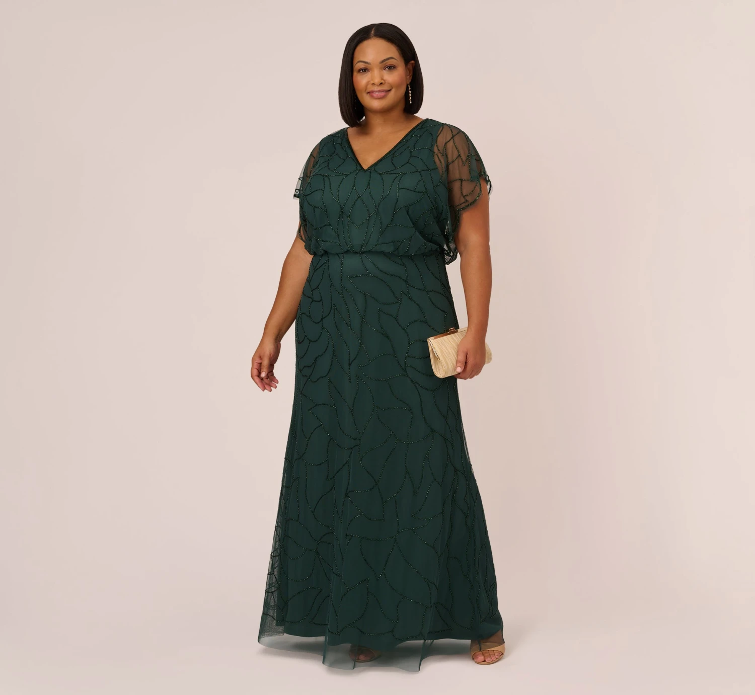 Adrianna Papell Plus Size Beaded Blouson Mermaid Gown With Sheer Dolman Sleeves In Dusty Emerald 2 Adrianna Papell Plus Size Beaded Blouson Mermaid Gown With Sheer Dolman Sleeves In Dusty Emerald - Image 2