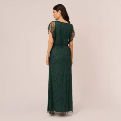 Adrianna Papell Beaded Blouson Mermaid Gown With Sheer Dolman Sleeves In Dusty Emerald 9 Adrianna Papell Beaded Blouson Mermaid Gown With Sheer Dolman Sleeves In Dusty Emerald -Glam Mirth Sales AP1E210622 AA302 Regular Back