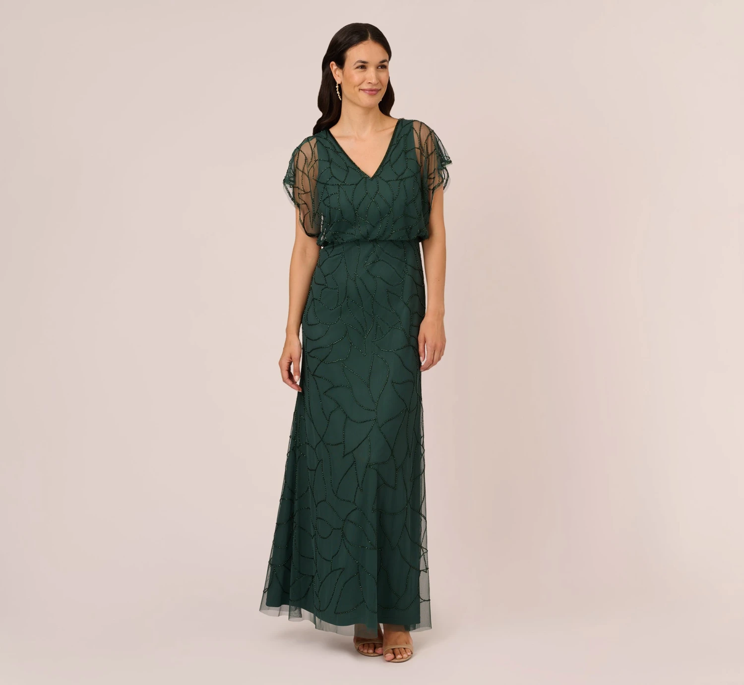 Adrianna Papell Beaded Blouson Mermaid Gown With Sheer Dolman Sleeves In Dusty Emerald 1 Adrianna Papell Beaded Blouson Mermaid Gown With Sheer Dolman Sleeves In Dusty Emerald