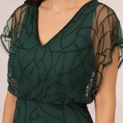 Adrianna Papell Beaded Blouson Mermaid Gown With Sheer Dolman Sleeves In Dusty Emerald 8 Adrianna Papell Beaded Blouson Mermaid Gown With Sheer Dolman Sleeves In Dusty Emerald -Glam Mirth Sales AP1E210622 AA302 Regular Detail