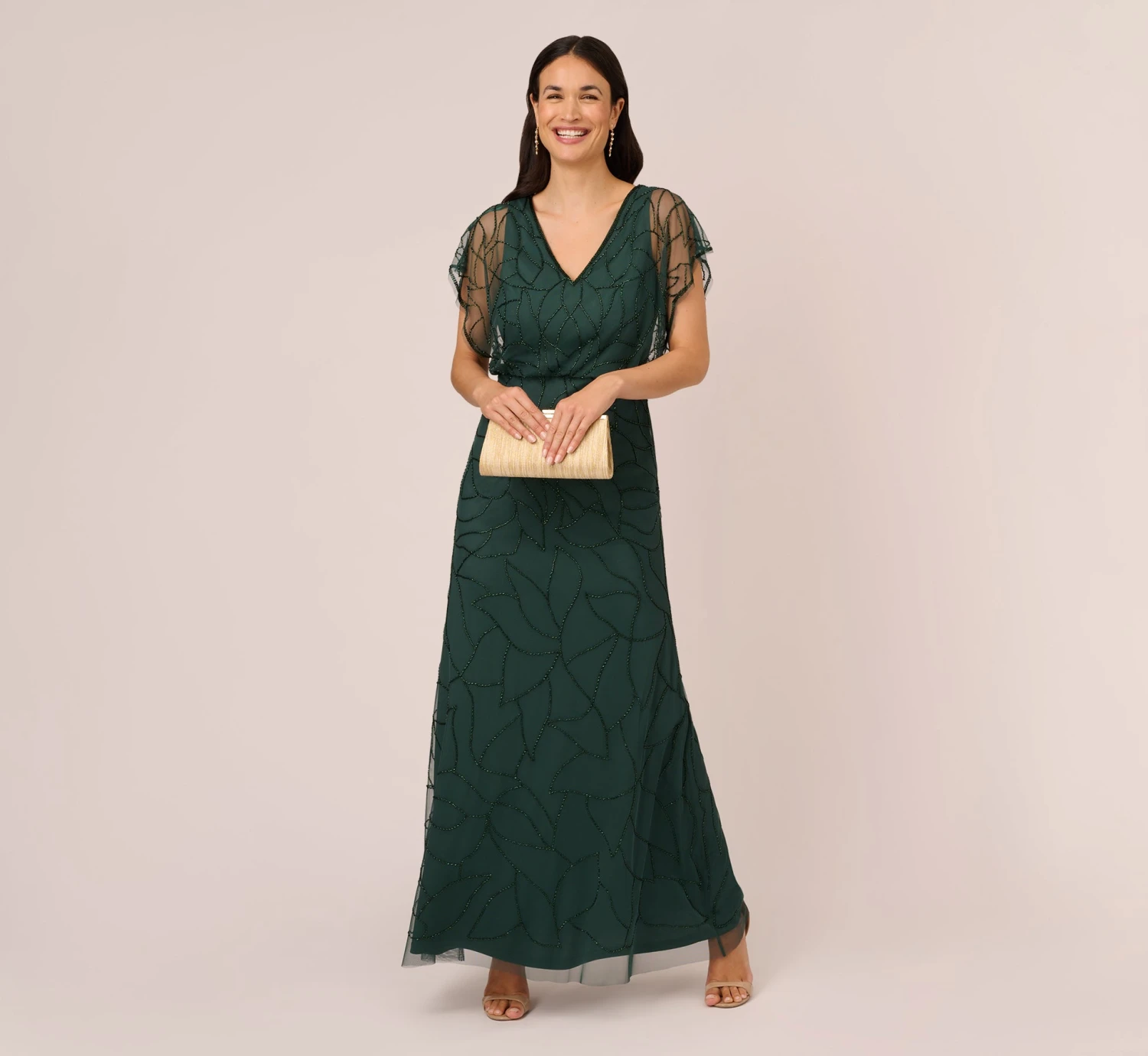 Adrianna Papell Beaded Blouson Mermaid Gown With Sheer Dolman Sleeves In Dusty Emerald 2 Adrianna Papell Beaded Blouson Mermaid Gown With Sheer Dolman Sleeves In Dusty Emerald - Image 2