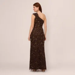 Adrianna Papell One Shoulder Beaded Mermaid Gown In Chocolate 9 Adrianna Papell One Shoulder Beaded Mermaid Gown In Chocolate -Glam Mirth Sales AP1E210627 AA201 Regular Back