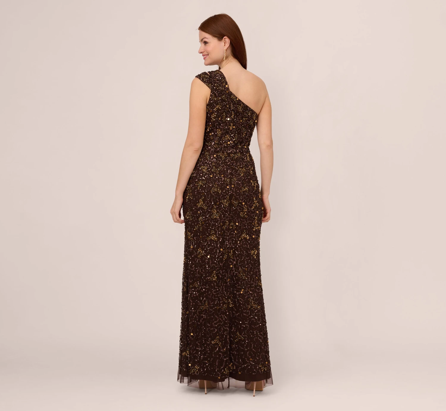 Adrianna Papell One Shoulder Beaded Mermaid Gown In Chocolate 4 Adrianna Papell One Shoulder Beaded Mermaid Gown In Chocolate - Image 4
