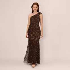 Adrianna Papell One Shoulder Beaded Mermaid Gown In Chocolate