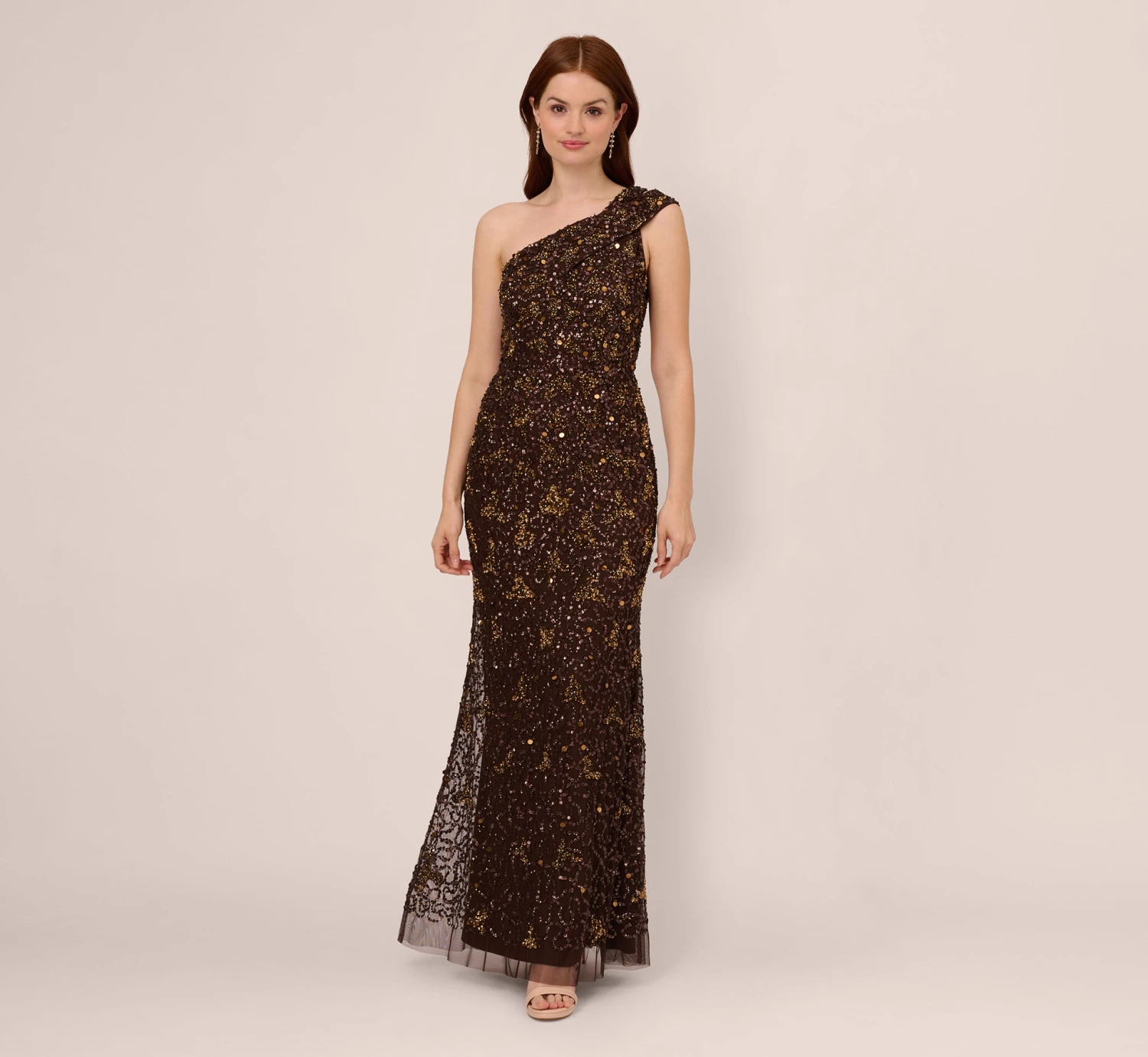 Adrianna Papell One Shoulder Beaded Mermaid Gown In Chocolate 1 Adrianna Papell One Shoulder Beaded Mermaid Gown In Chocolate