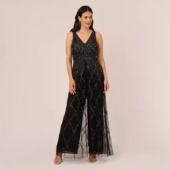 Adrianna Papell Beaded Wide Leg Jumpsuit With Georgette Overlay In Black