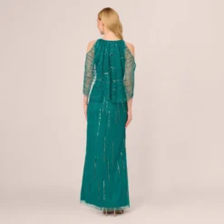 Adrianna Papell Cold Shoulder Beaded Cape Gown In Vivid Emerald -Glam Mirth Sales AP1E210651 AA314 Regular Back