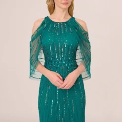 Adrianna Papell Cold Shoulder Beaded Cape Gown In Vivid Emerald -Glam Mirth Sales AP1E210651 AA314 Regular Detail