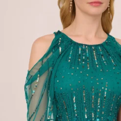 Adrianna Papell Cold Shoulder Beaded Cape Gown In Vivid Emerald -Glam Mirth Sales AP1E210651 AA314 Regular Lifestyle
