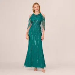 Adrianna Papell Cold Shoulder Beaded Cape Gown In Vivid Emerald -Glam Mirth Sales AP1E210651 AA314 Regular Side